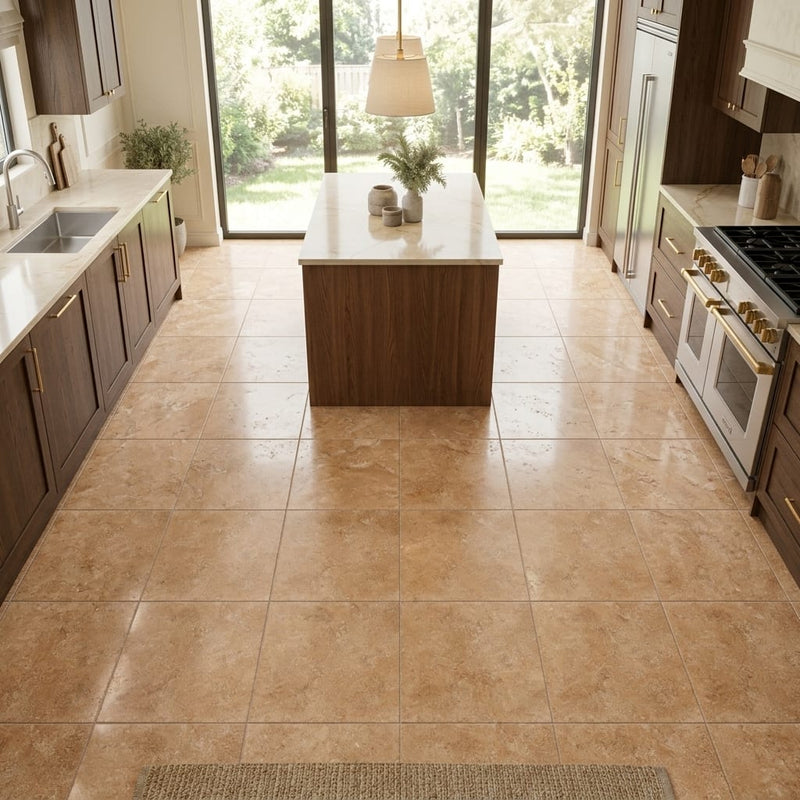 Walnut Travertine 12x12 Filled & Honed Travertine Tile — Kitchen floor