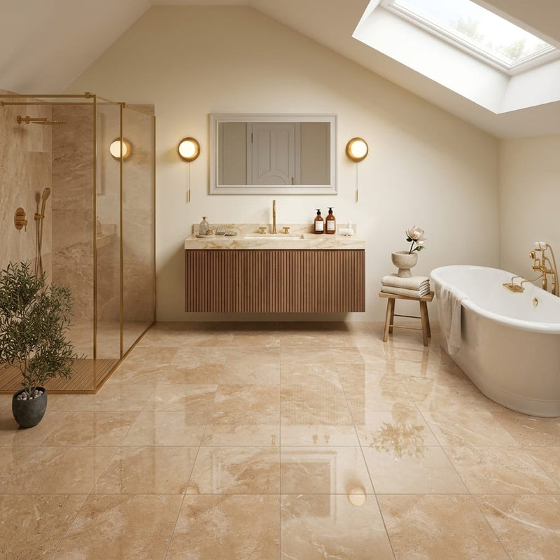 Walnut Travertine 12x12 Filled & Polished Travertine Tile — Bathroom floor