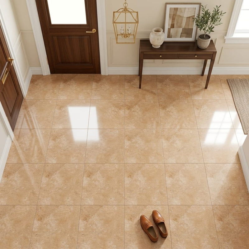 Walnut Travertine 12x12 Filled & Polished Travertine Tile — Foyer floor
