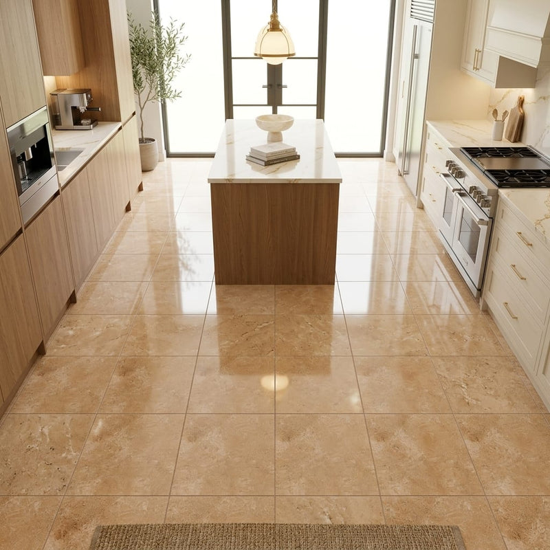 Walnut Travertine 12x12 Filled & Polished Travertine Tile — Kitchen floor