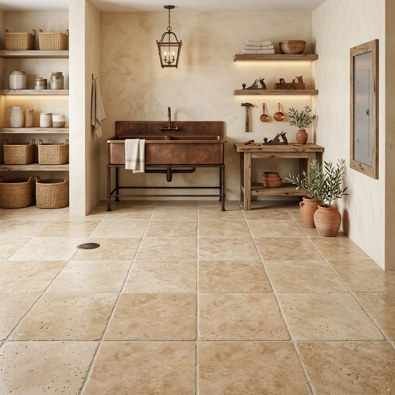 Walnut Travertine 12x12 Tumbled Travertine Tile — Basement floor