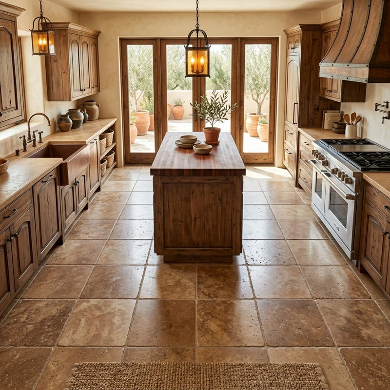 Walnut Travertine 12x12 Tumbled Travertine Tile — Kitchen floor