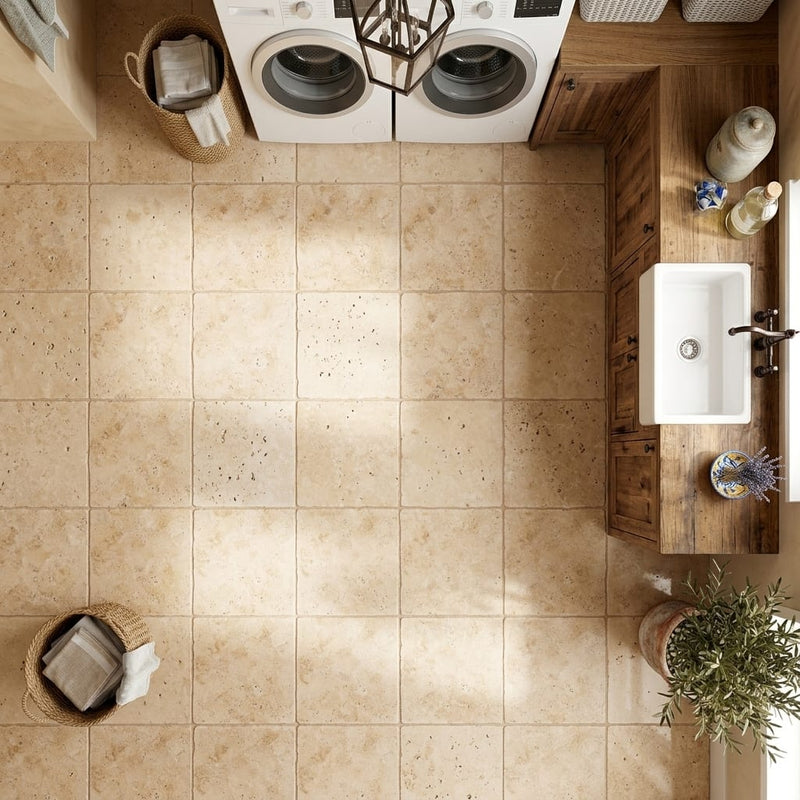 Walnut Travertine 12x12 Tumbled Travertine Tile — Laundry Room floor