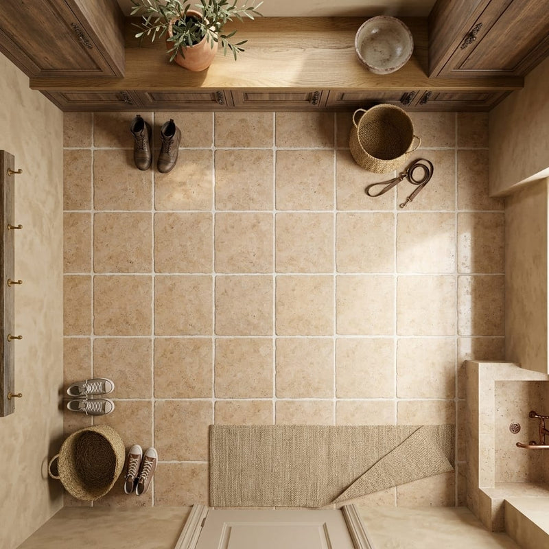 Walnut Travertine 12x12 Tumbled Travertine Tile — Mudroom floor