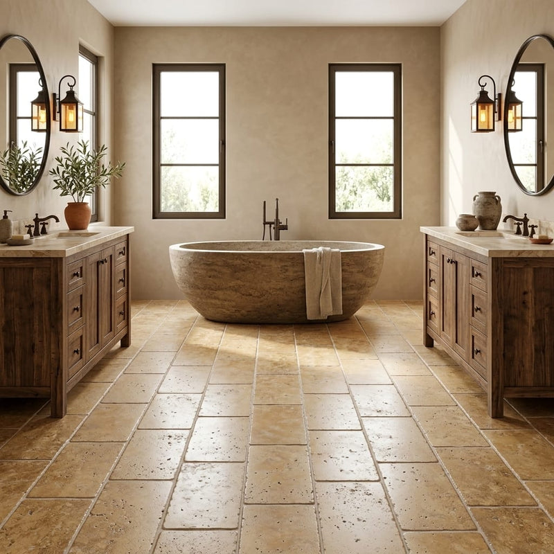 Walnut Travertine 12x24 Tumbled Travertine tile — Bathroom floor