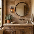 Walnut Travertine 12x24 Tumbled Travertine tile — Bathroom vanity wall