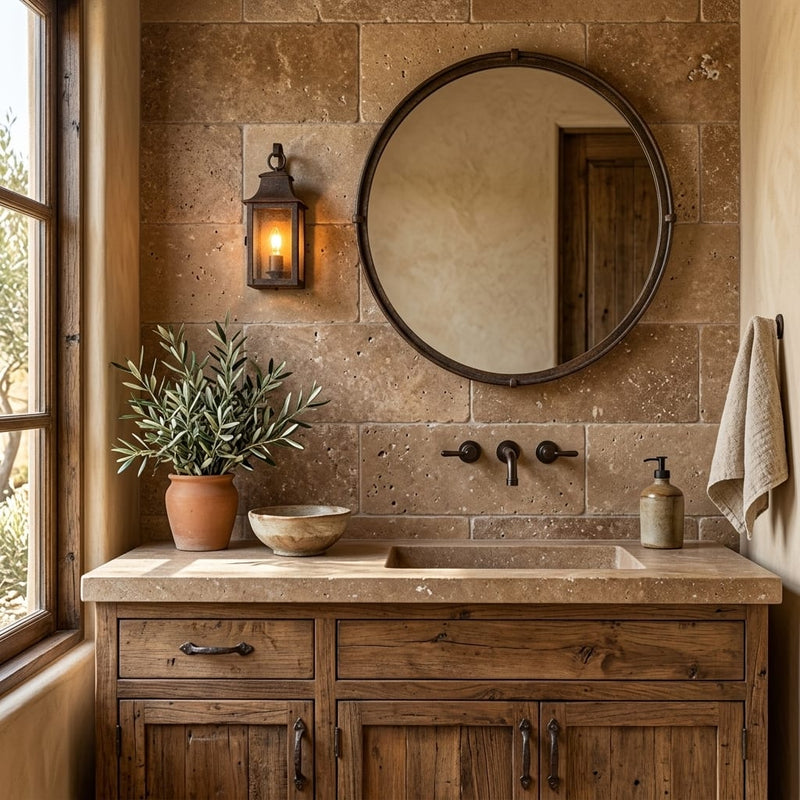 Walnut Travertine 12x24 Tumbled Travertine tile — Bathroom vanity wall