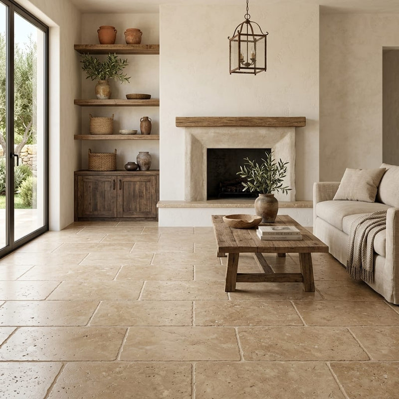 Walnut Travertine 12x24 Tumbled Travertine tile — Living Room floor