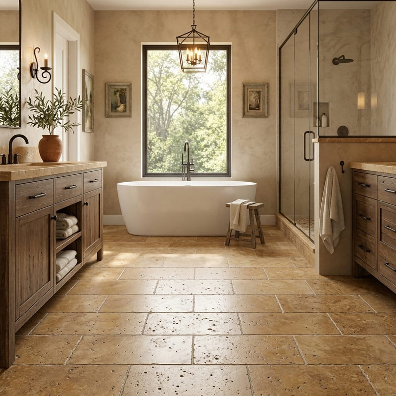Walnut Travertine 12x24 Tumbled Travertine tile — Primary Bath floor