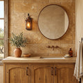 Walnut Travertine 12x24 Tumbled Travertine tile — Bathroom vanity wall