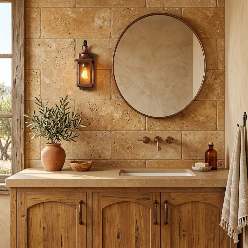 Walnut Travertine 12x24 Tumbled Travertine tile — Bathroom vanity wall
