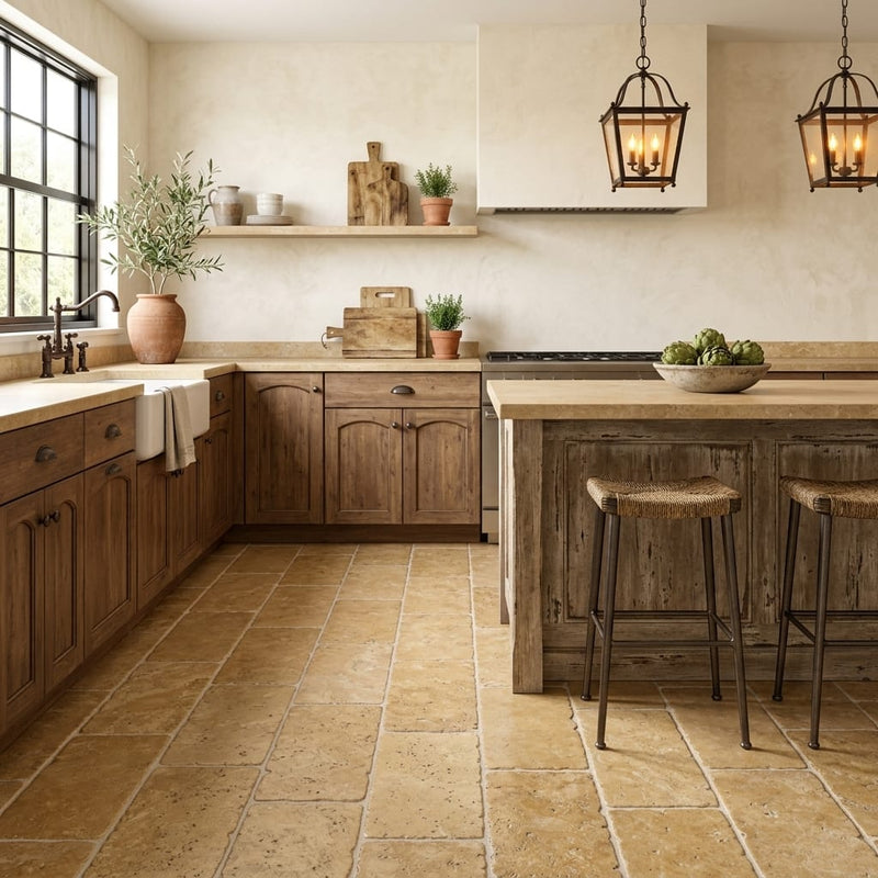 Walnut Travertine 12x24 Tumbled Travertine tile — Kitchen floor