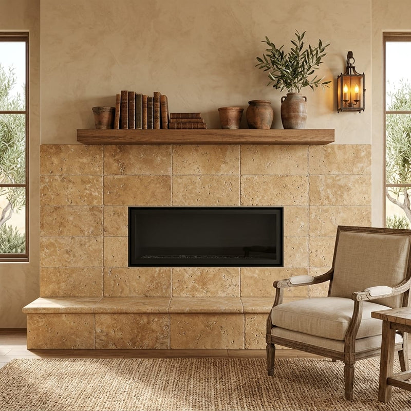 Walnut Travertine 12x24 Tumbled Travertine tile — Living Room fireplace surround