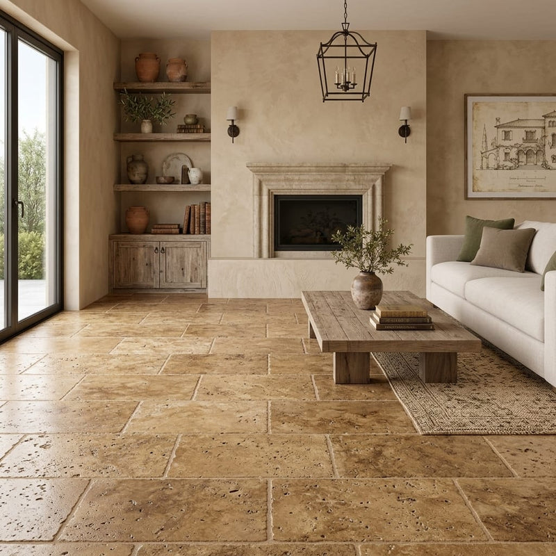Walnut Travertine 12x24 Tumbled Travertine tile — Living Room floor