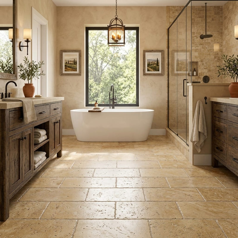 Walnut Travertine 12x24 Tumbled Travertine tile — Primary Bath floor