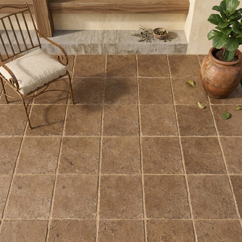 Walnut Travertine 16x16 Unfilled, Brushed & Chiseled Travertine Tile — Covered Patio floor