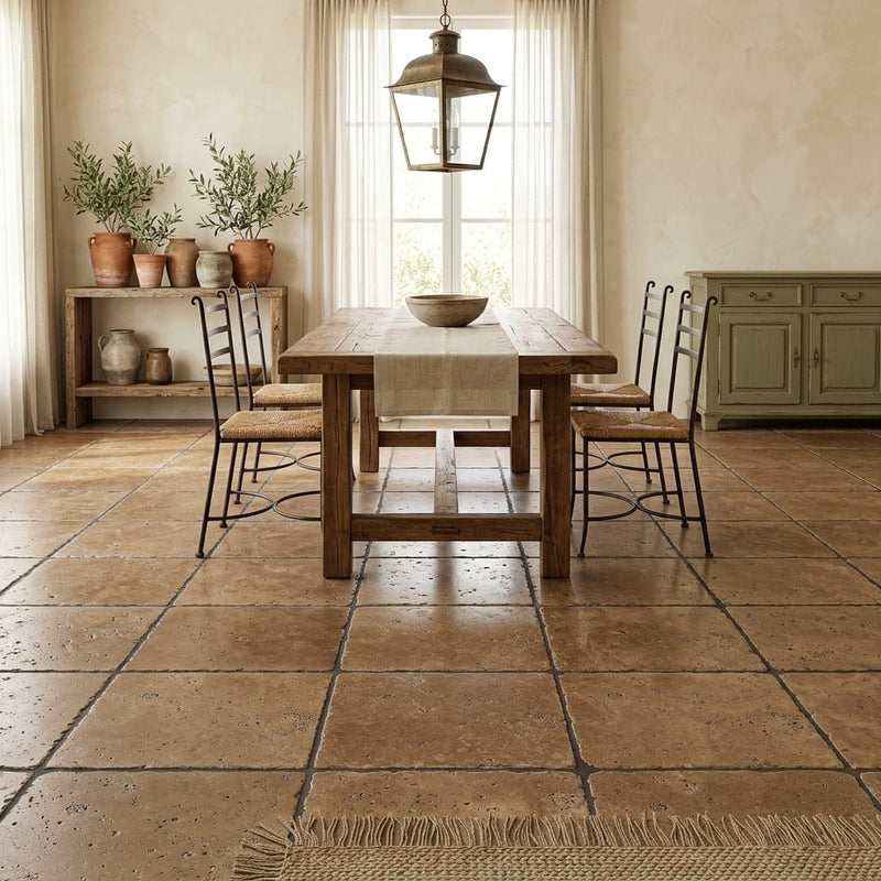 Walnut Travertine 16x16 Unfilled, Brushed & Chiseled Travertine Tile — Dining Room floor