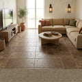 Walnut Travertine 16x16 Unfilled, Brushed & Chiseled Travertine Tile — Family Room floor