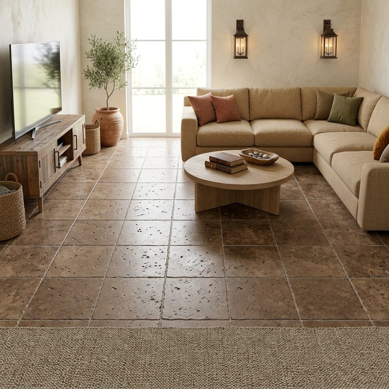 Walnut Travertine 16x16 Unfilled, Brushed & Chiseled Travertine Tile — Family Room floor