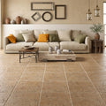 Walnut Travertine 16x16 Unfilled, Brushed & Chiseled Travertine Tile — Living Room floor