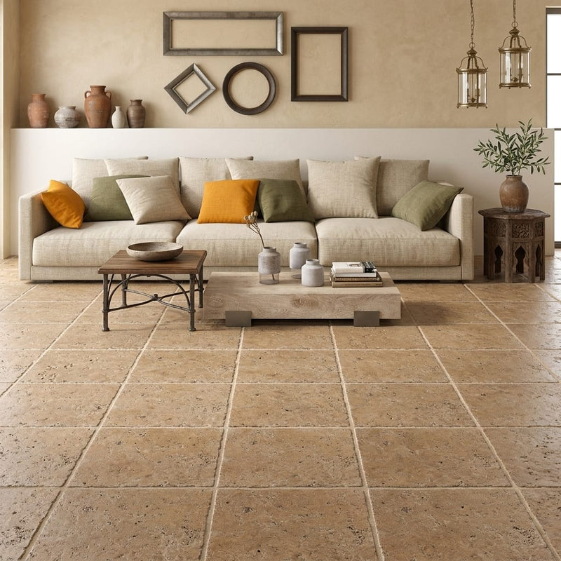Walnut Travertine 16x16 Unfilled, Brushed & Chiseled Travertine Tile — Living Room floor