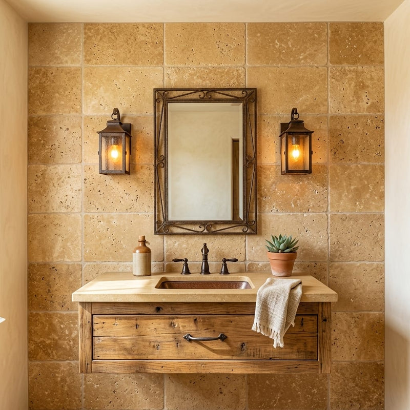 Walnut Travertine 16x24 Tumbled Travertine tile — Bathroom vanity wall