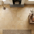 Walnut Travertine 16x24 Tumbled Travertine tile — Living Room floor