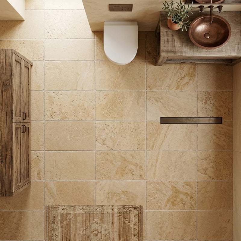 Walnut Travertine 16x24 Tumbled Travertine tile — Bathroom floor