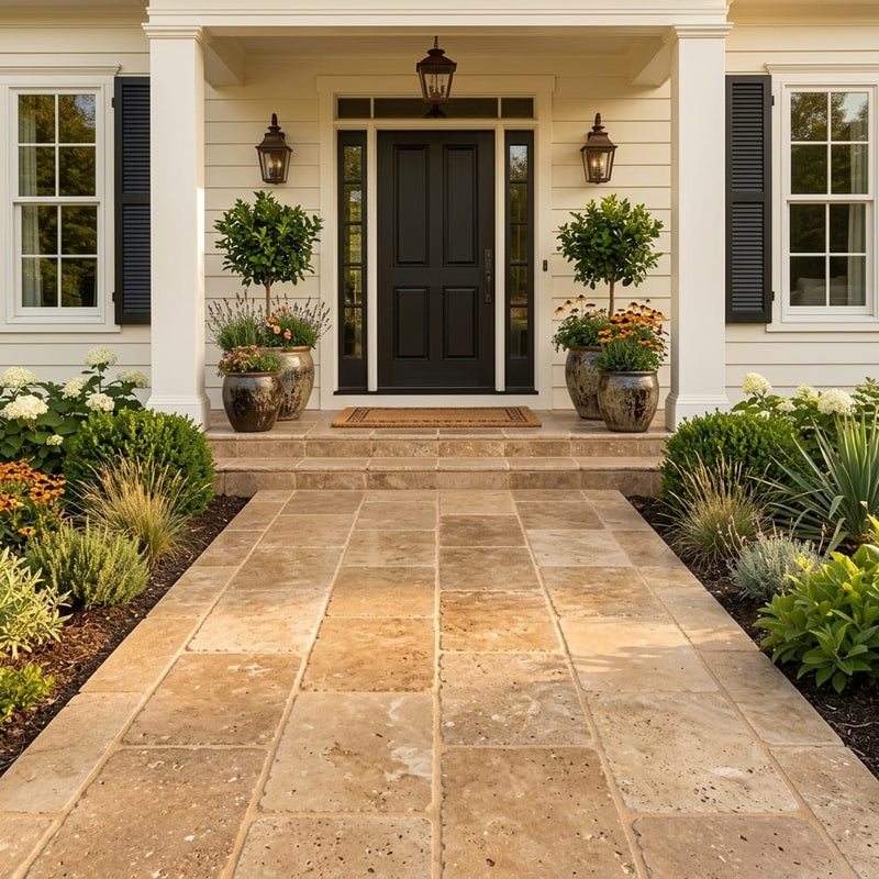 Walnut Travertine 16x24 Tumbled Travertine Paver — Front Yard front porch