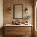 Walnut Travertine 16x24 Unfilled, Brushed & Chiseled Travertine Tile — Bathroom vanity wall