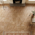 Walnut Travertine 16x24 Unfilled, Brushed & Chiseled Travertine Tile — Living Room floor
