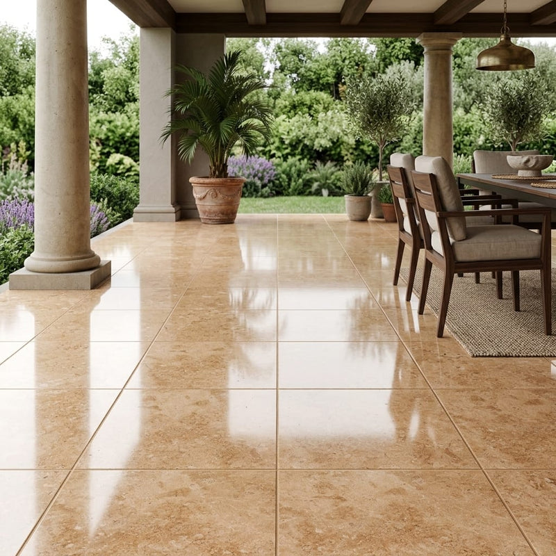 Walnut Travertine 18x18 Filled & Polished Travertine Tile — Covered Patio floor