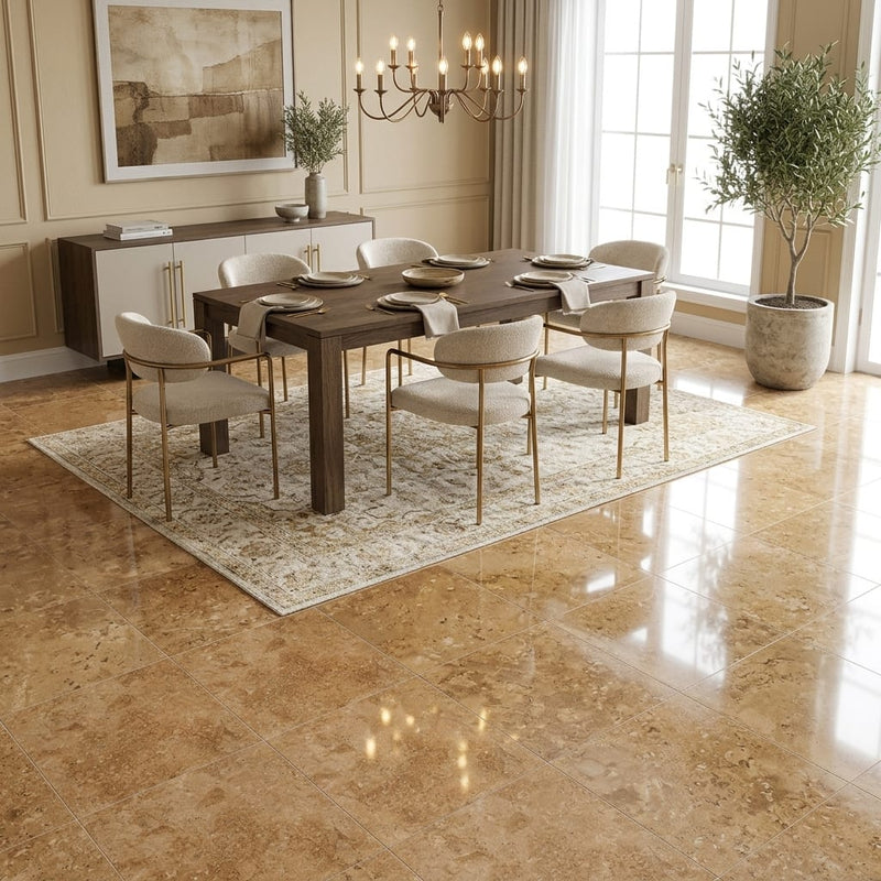 Walnut Travertine 18x18 Filled & Polished Travertine Tile — Dining Room floor