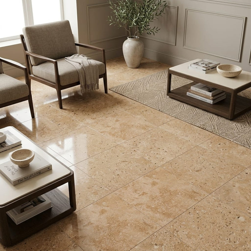 Walnut Travertine 18x18 Filled & Polished Travertine Tile — Family Room floor
