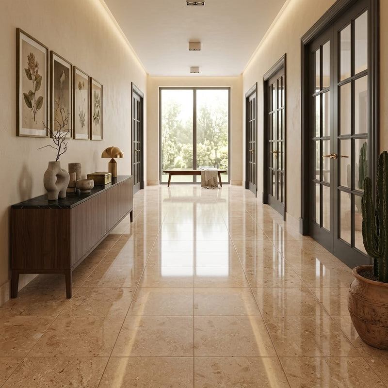 Walnut Travertine 18x18 Filled & Polished Travertine Tile — Hallway floor