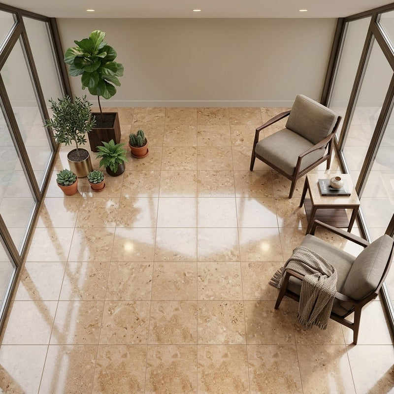 Walnut Travertine 18x18 Filled & Polished Travertine Tile — Sunroom floor