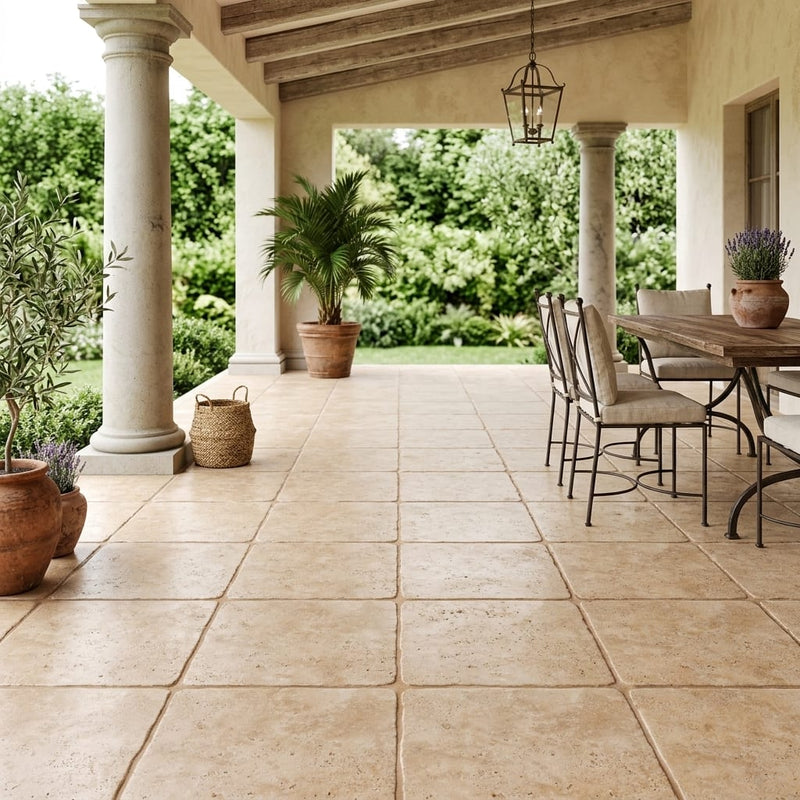 Walnut Travertine 18x18 Tumbled Travertine Tile — Covered Patio floor