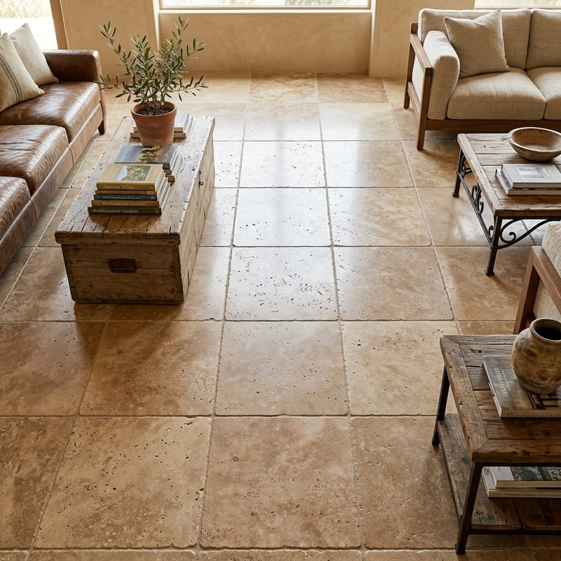 Walnut Travertine 18x18 Tumbled Travertine Tile — Family Room floor