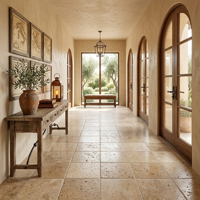 Walnut Travertine 18x18 Tumbled Travertine Tile — Hallway floor