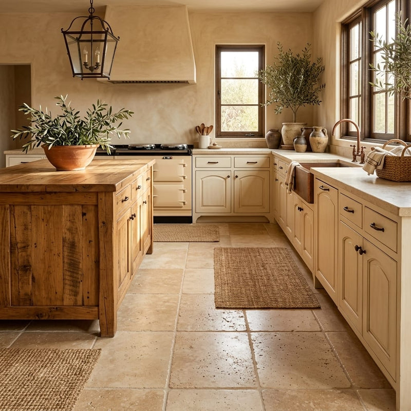 Walnut Travertine 18x18 Tumbled Travertine Tile — Kitchen floor