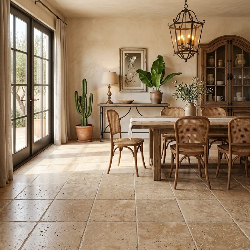 Walnut Travertine 18x18 Tumbled Travertine Tile — Living Room floor