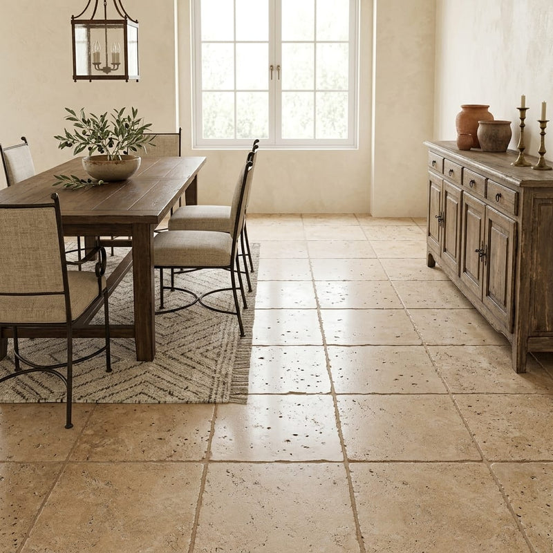 Walnut Travertine 18x18 Unfilled, Brushed & Chiseled Travertine Tile — Dining Room floor