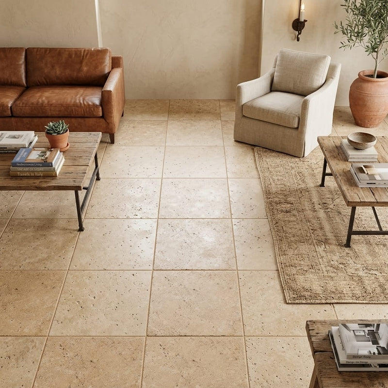 Walnut Travertine 18x18 Unfilled, Brushed & Chiseled Travertine Tile — Family Room floor