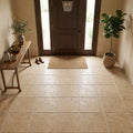 Walnut Travertine 18x18 Unfilled, Brushed & Chiseled Travertine Tile — Foyer floor