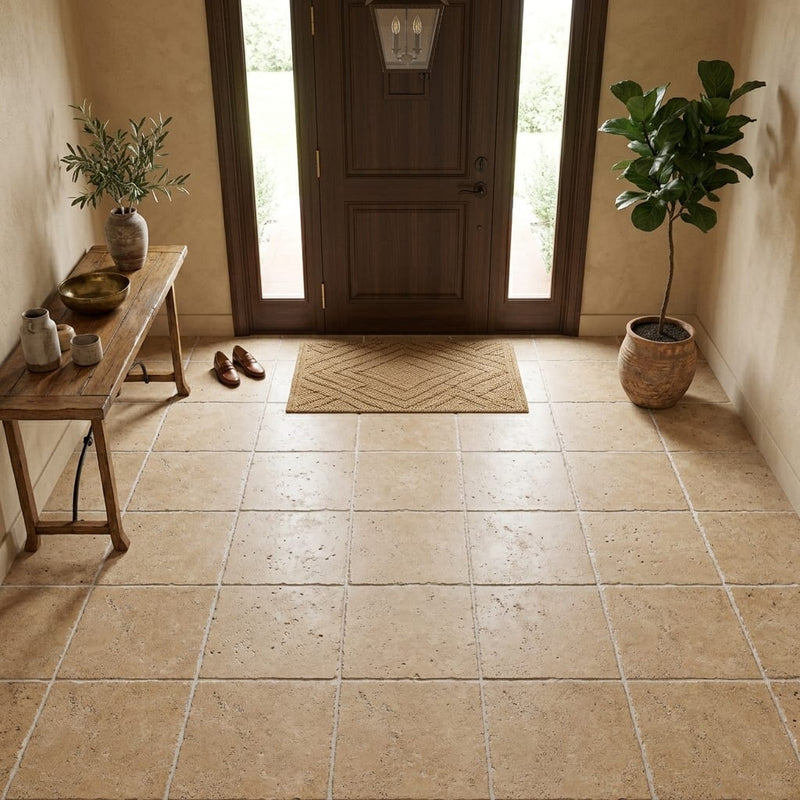 Walnut Travertine 18x18 Unfilled, Brushed & Chiseled Travertine Tile — Foyer floor
