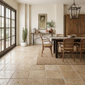 Walnut Travertine 18x18 Unfilled, Brushed & Chiseled Travertine Tile — Living Room floor