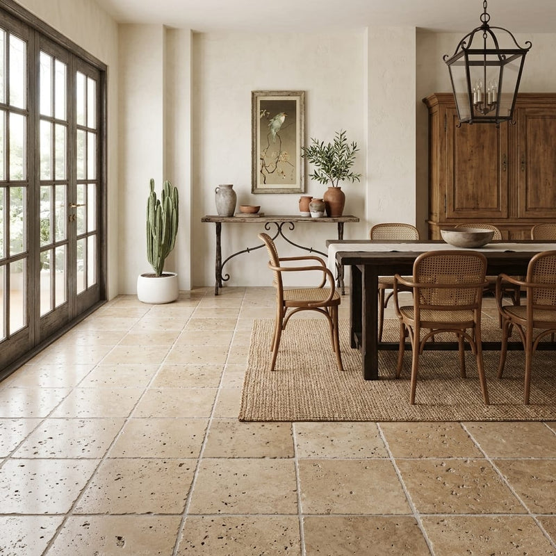 Walnut Travertine 18x18 Unfilled, Brushed & Chiseled Travertine Tile — Living Room floor