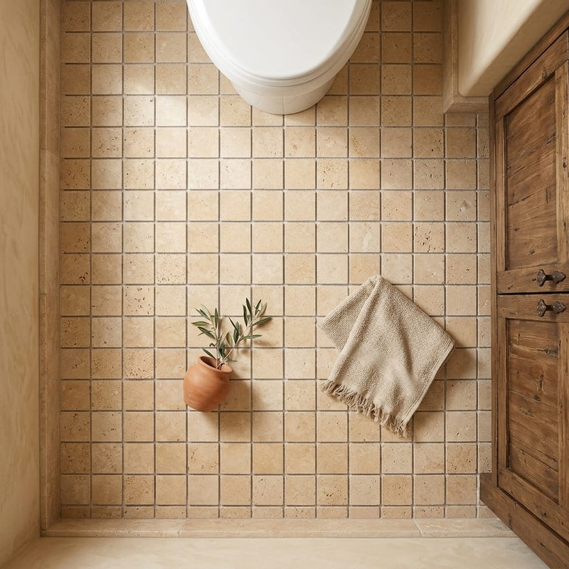Walnut Travertine 2x2 Tumbled Travertine Mosaic — Bathroom floor