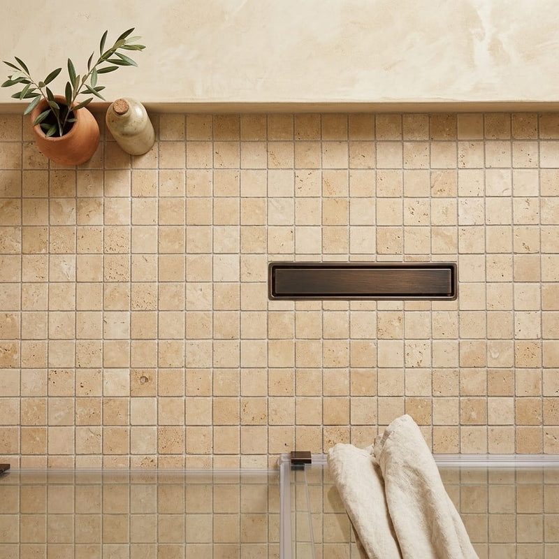 Walnut Travertine 2x2 Tumbled Travertine Mosaic — Bathroom shower floor