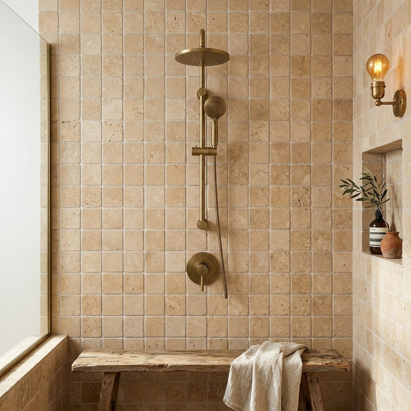 Walnut Travertine 2x2 Tumbled Travertine Mosaic — Bathroom shower wall